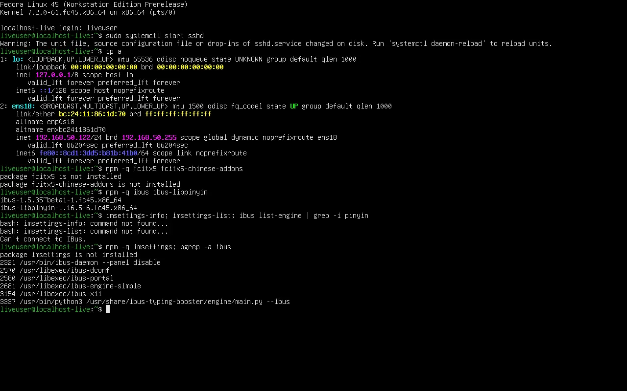 在 Fedora 45 上核对输入法状态：imsettings 未安装、ibus 与 typing-booster 在运行