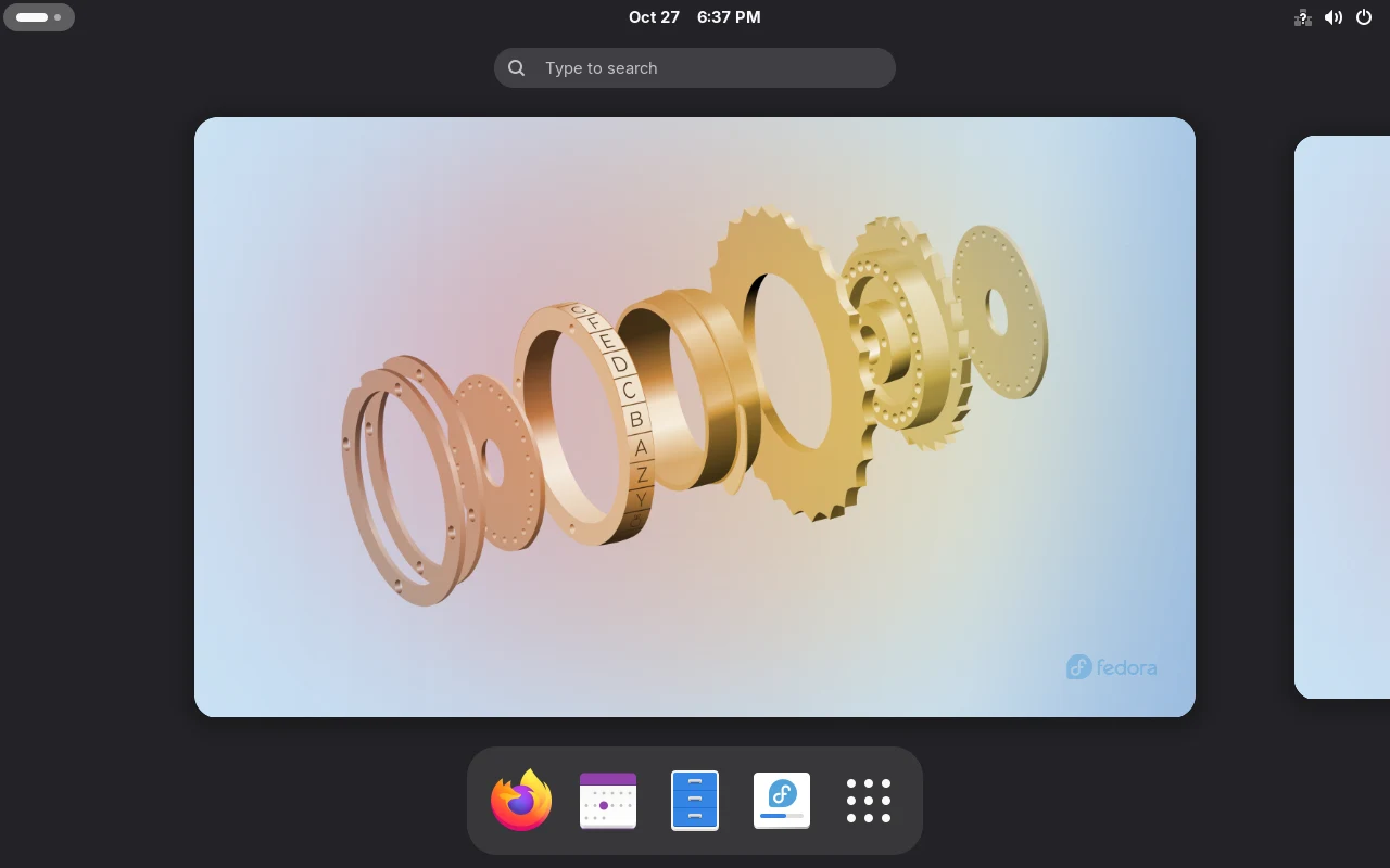 GNOME 活动总览，显示当前工作区与底部 Dash